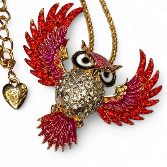 Fire Owl Pendant BJ Necklace with Red Pink Rhinestone Crystals - Picture 2 of 4